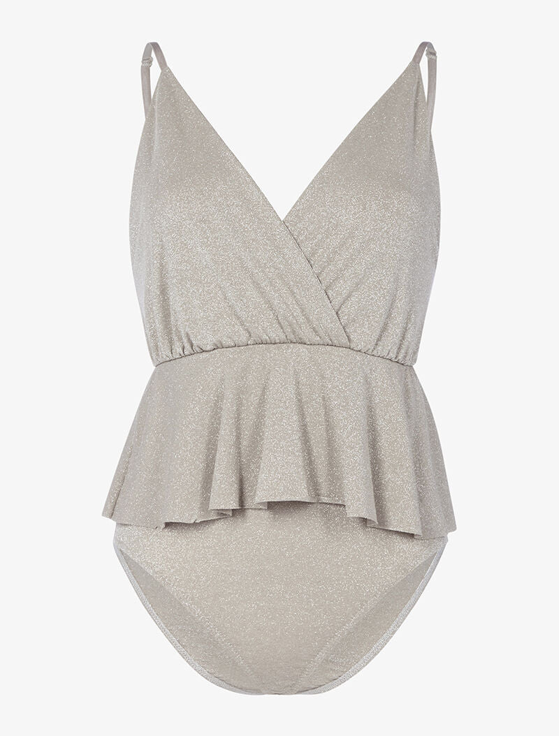 Glitter body met ruches taille - beige