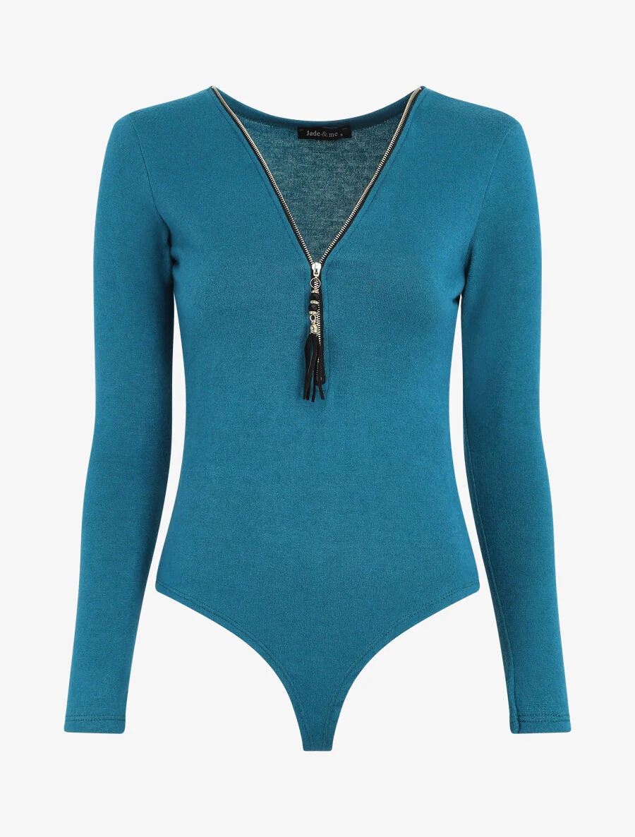 Body van effen mesh met V-hals met rits - Blauwgroen