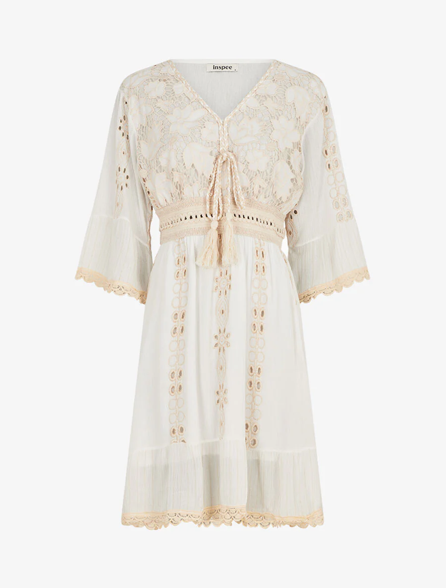 Boheemse jurk met bloemenkant - Wit/beige