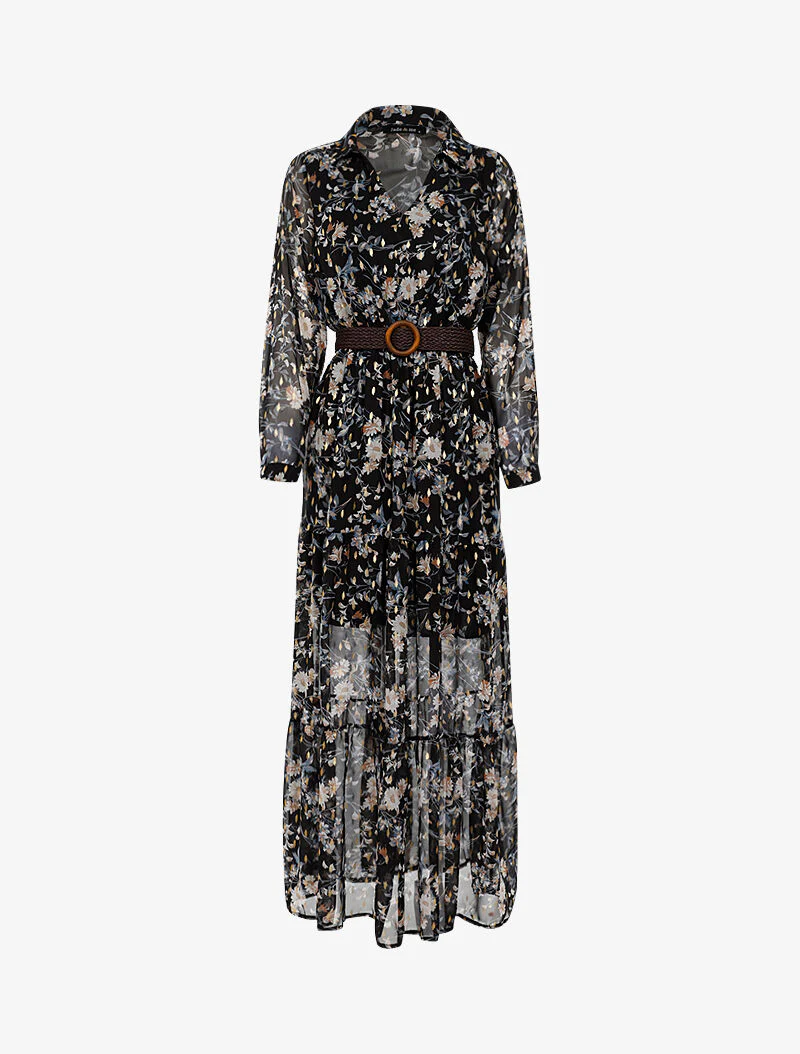 Boho jurk met witte bloemenprint - zwart
