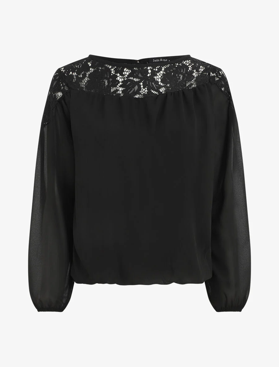 Bolvormige blouse van voile en kant - Zwart