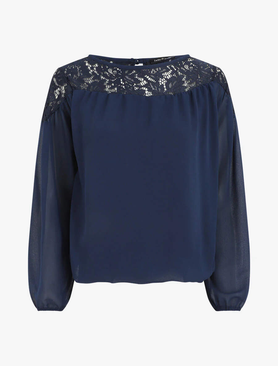 Bolvormige blouse van voile en kant - Marineblauw