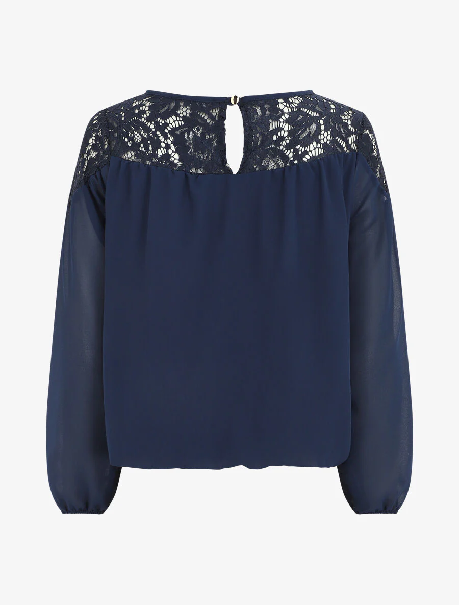 Bolvormige blouse van voile en kant - Marineblauw - Image 2