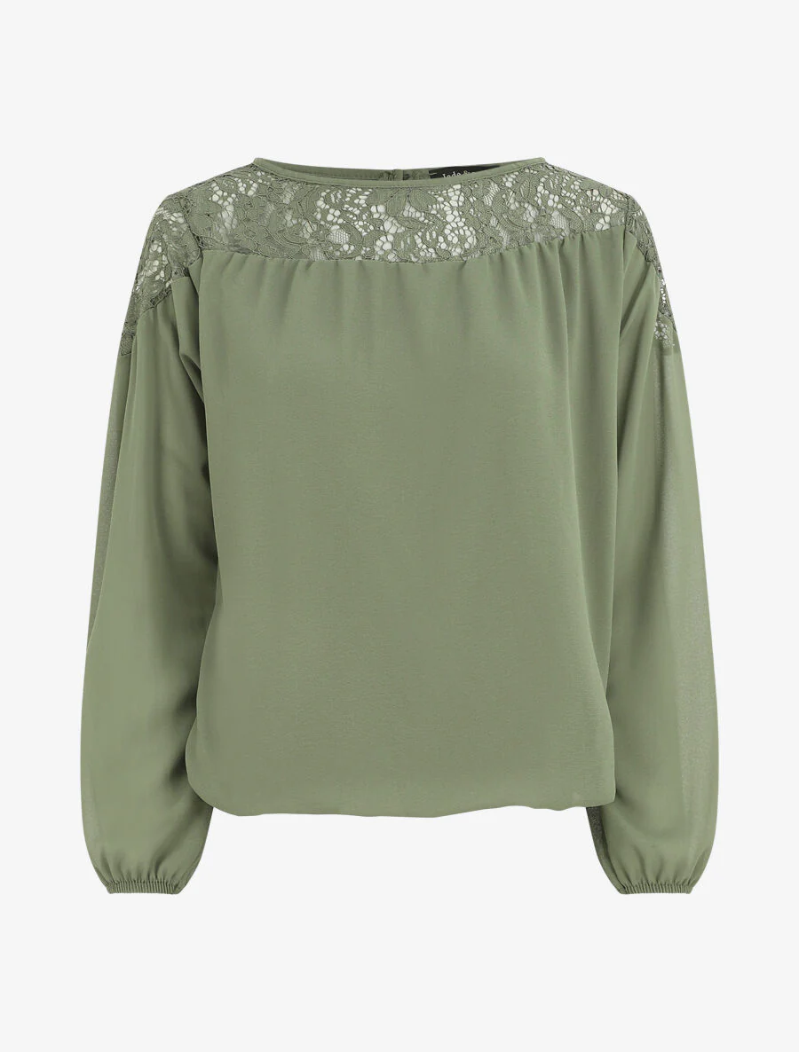 Bolvormige blouse van voile en kant - Kakigroen