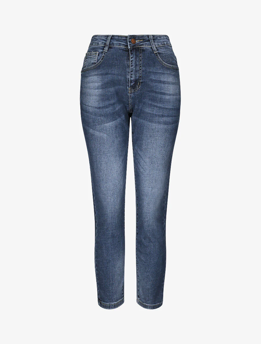 Jean boyfriend met hoge taille en gewassen - Blauw denim