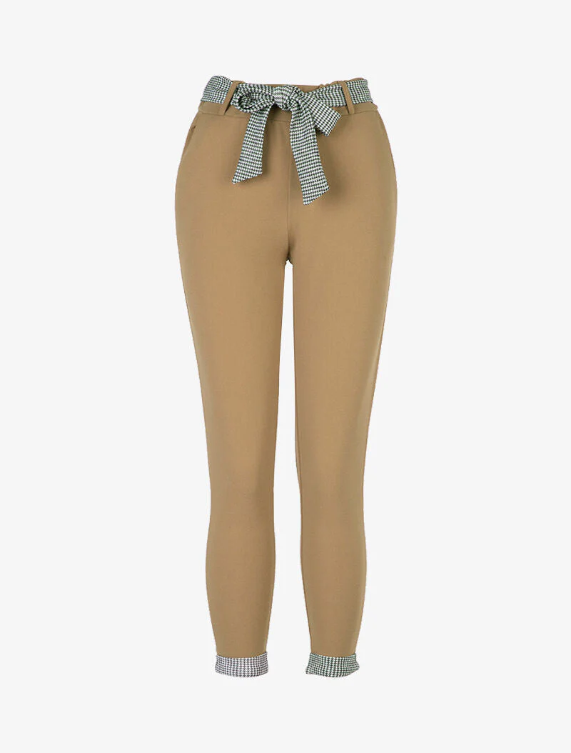 Broek 7/8 met pied-de-poule zoom - taupe