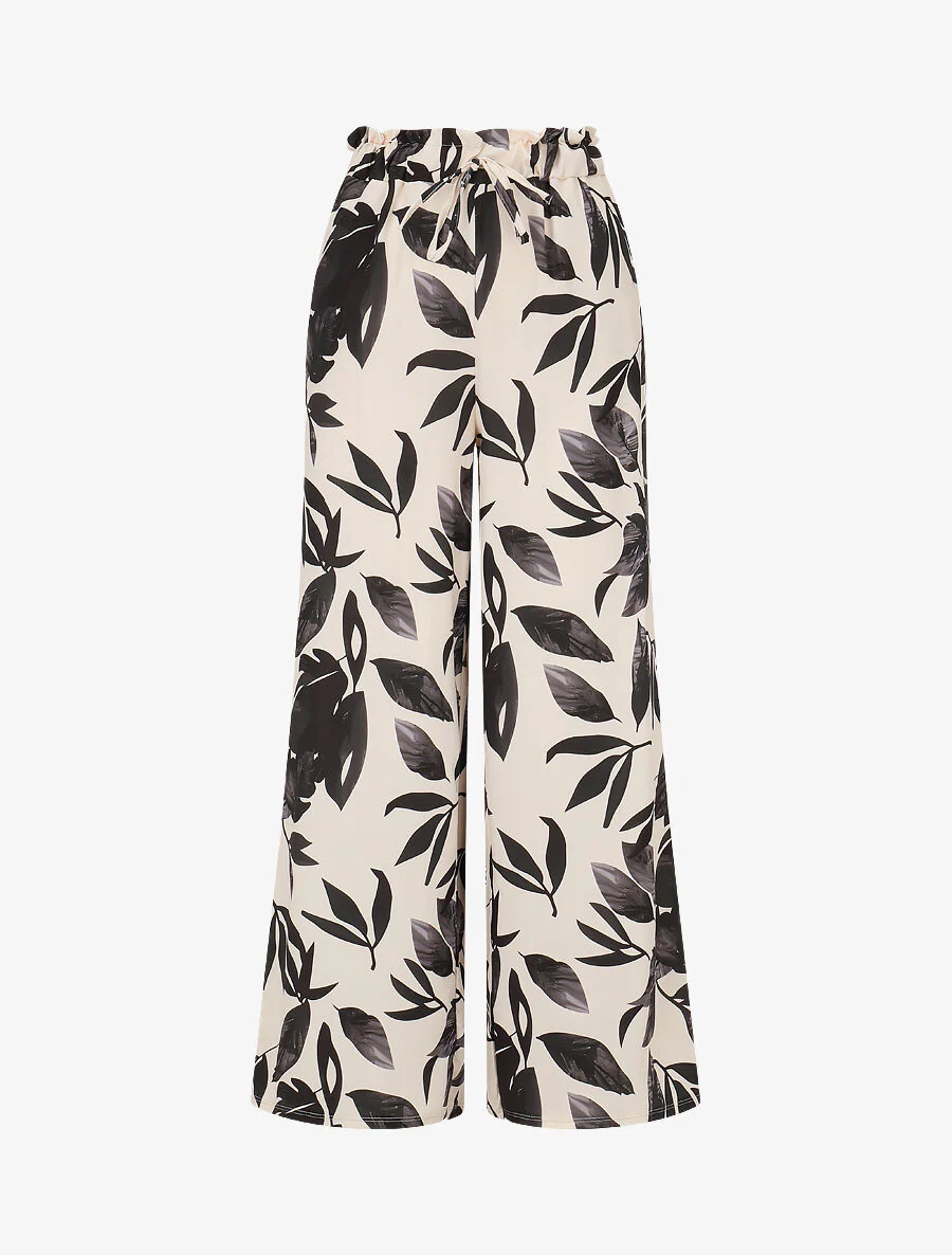Broek met bladerenprint en elastische tailleband - zwart