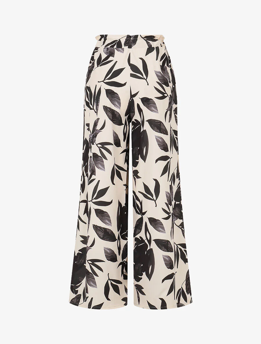 Broek met bladerenprint en elastische tailleband - zwart - Image 2
