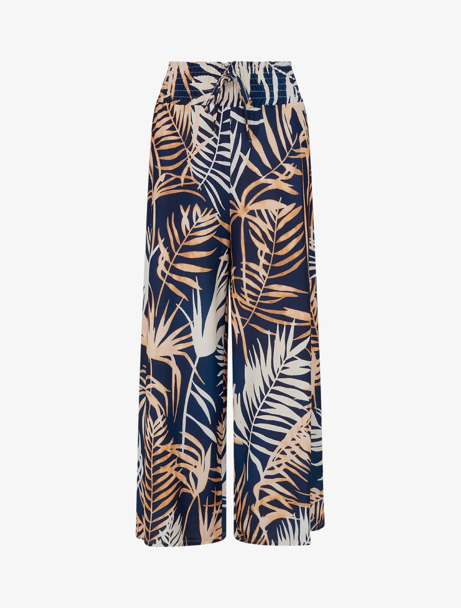 Broek met bladprint en elastische tailleband - Marine