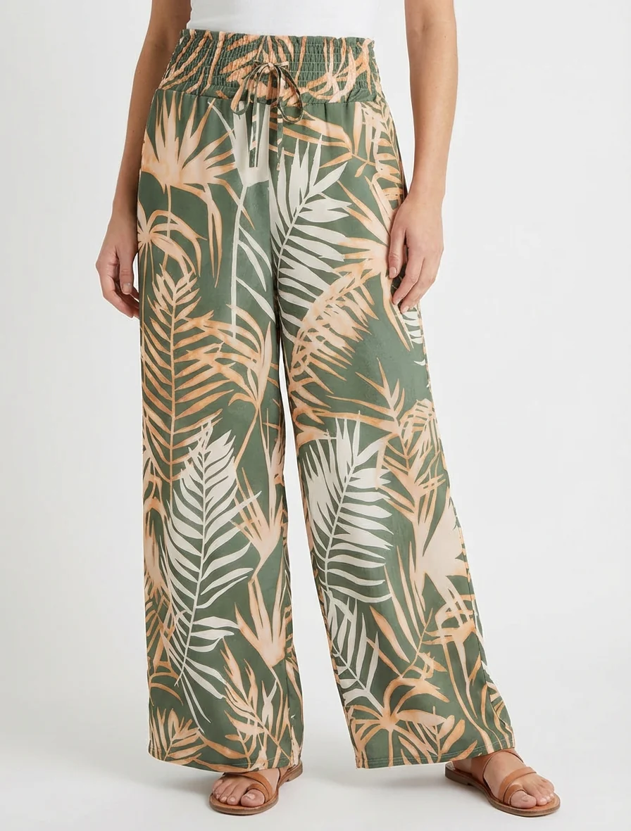 Broek met bladprint en elastische tailleband - Kaki - Image 4