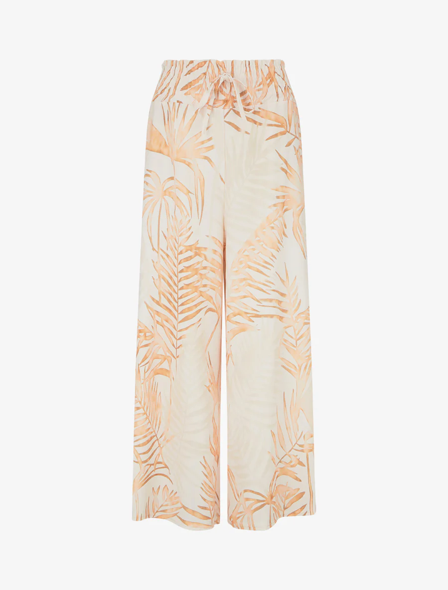 Broek met bladprint en elastische tailleband - Beige