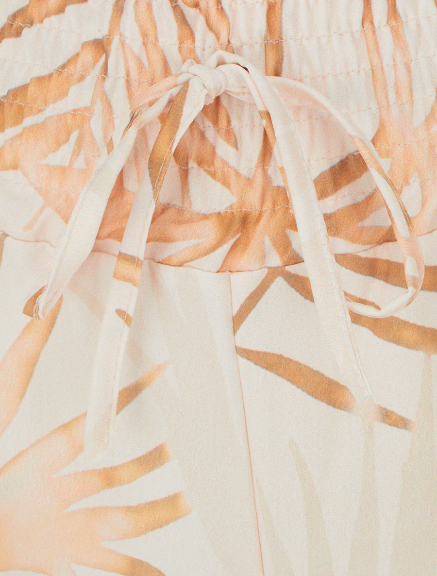 Broek met bladprint en elastische tailleband - Beige - Image 3
