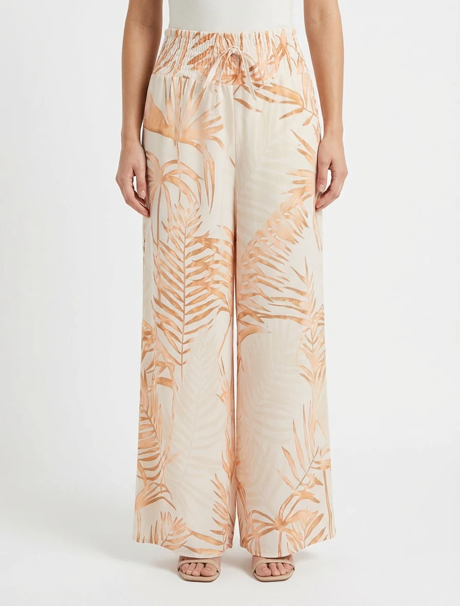 Broek met bladprint en elastische tailleband - Beige - Image 4
