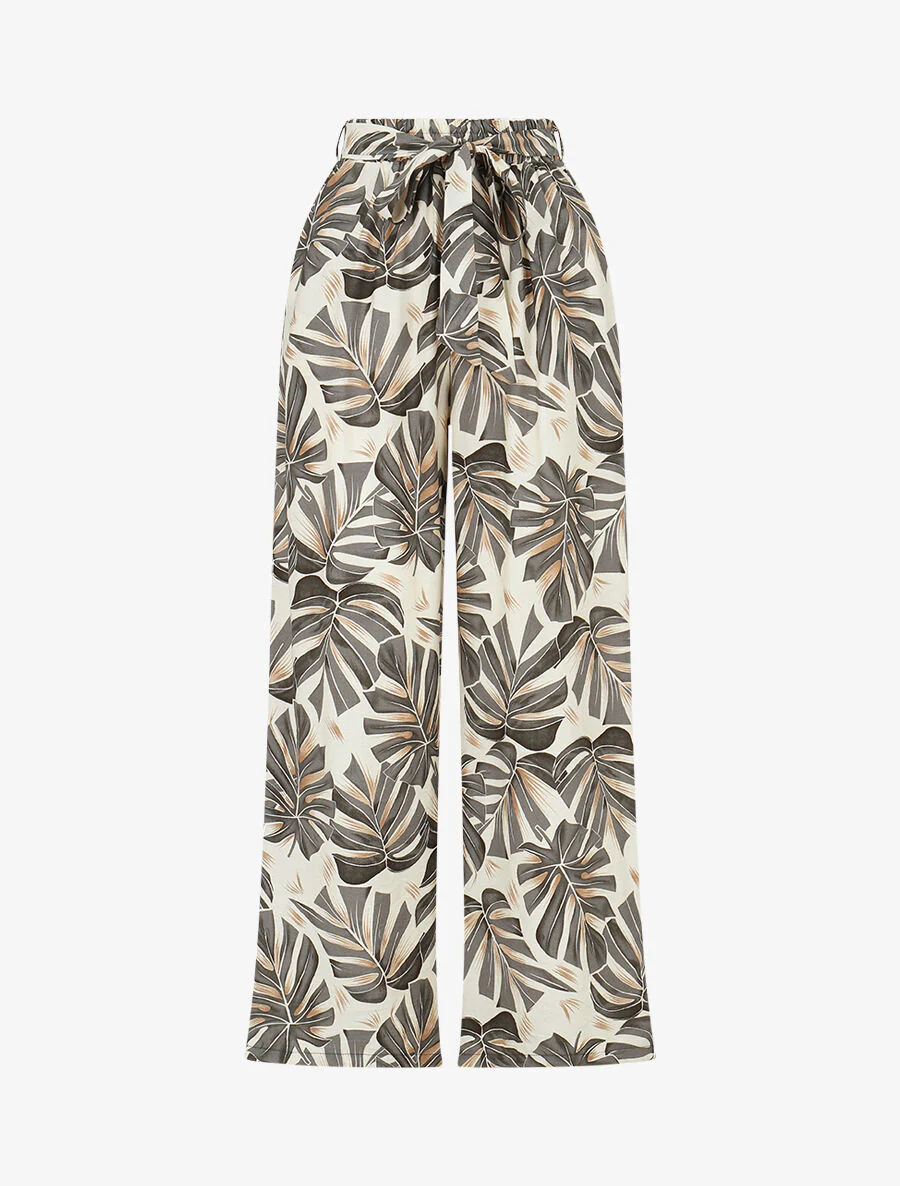 Broek met bladprint en hoge elastische tailleband - Grijs