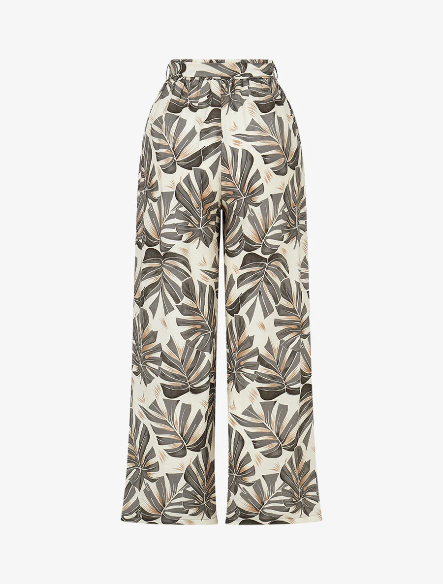 Broek met bladprint en hoge elastische tailleband - Grijs - Image 2