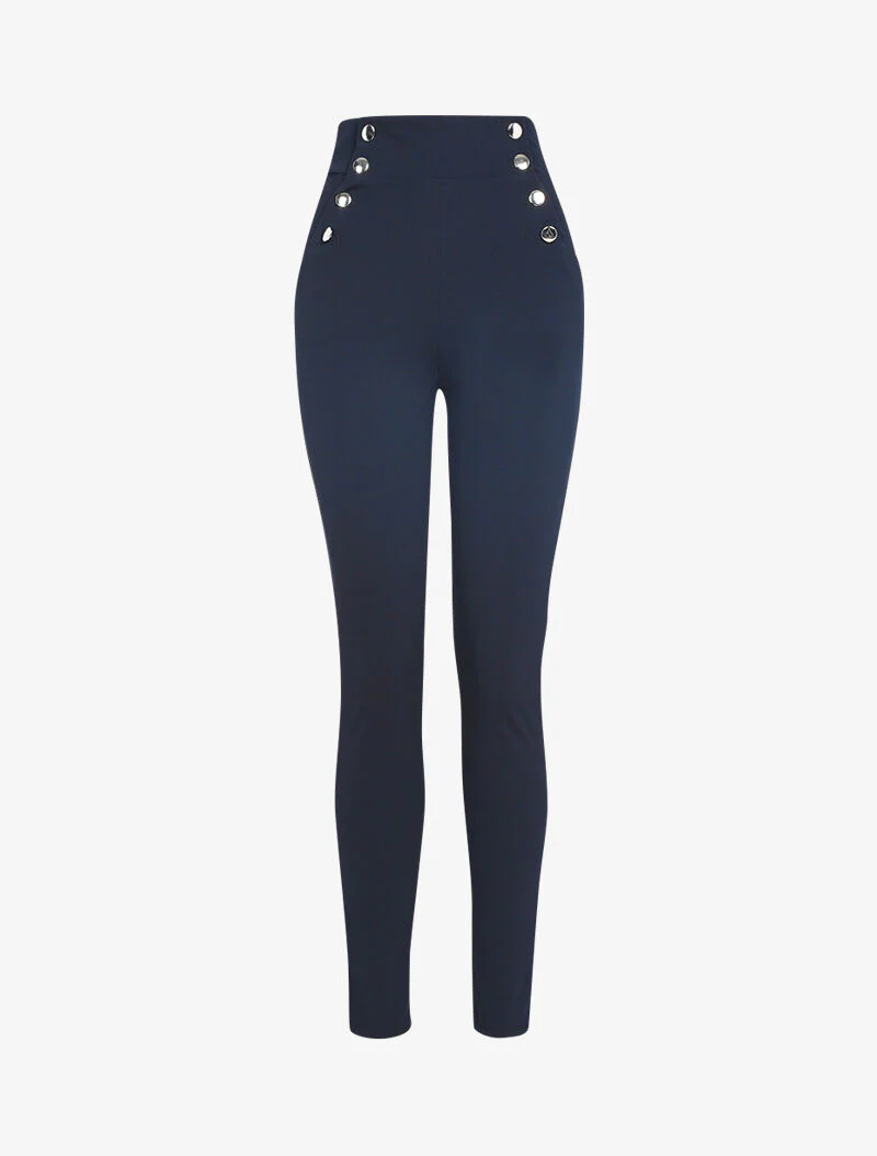Broek met empire taille en knoopsluiting - marine