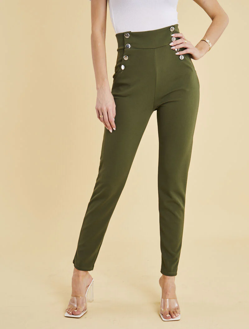 Broek met empire taille en knoopsluiting - kakigroen