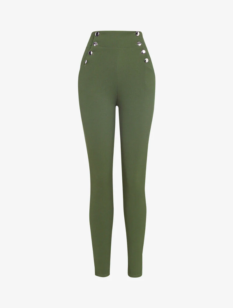 Broek met empire taille en knoopsluiting - kakigroen - Image 2