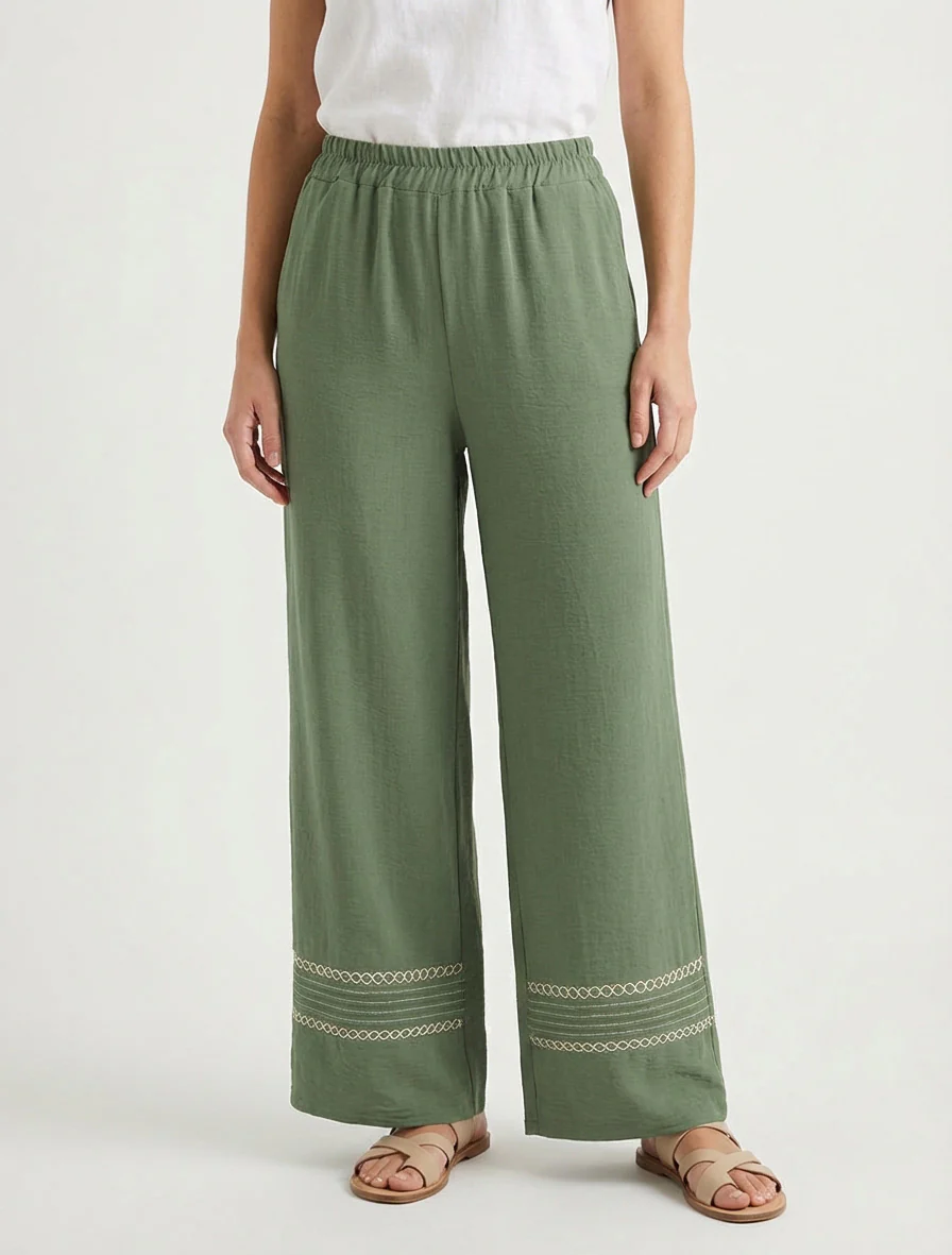 Broek met geborduurde randen - Kaki - Image 4