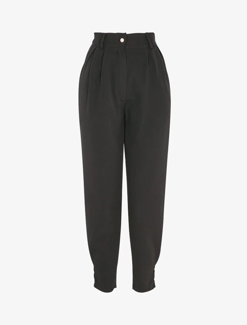 Broek met hoge taille en decoratieve knopen aan de enkels - Zwart