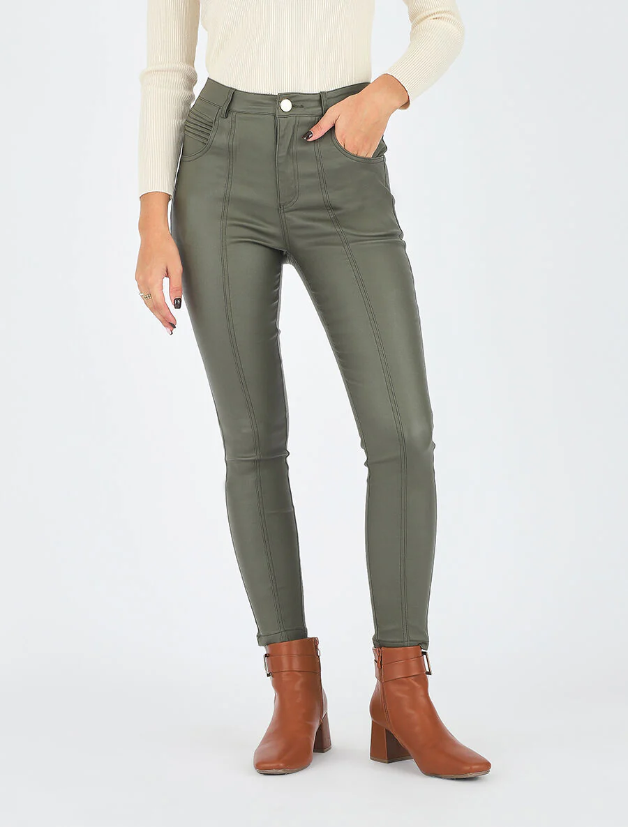 Broek met hoge taille van imitatieleer - Khaki - Image 4