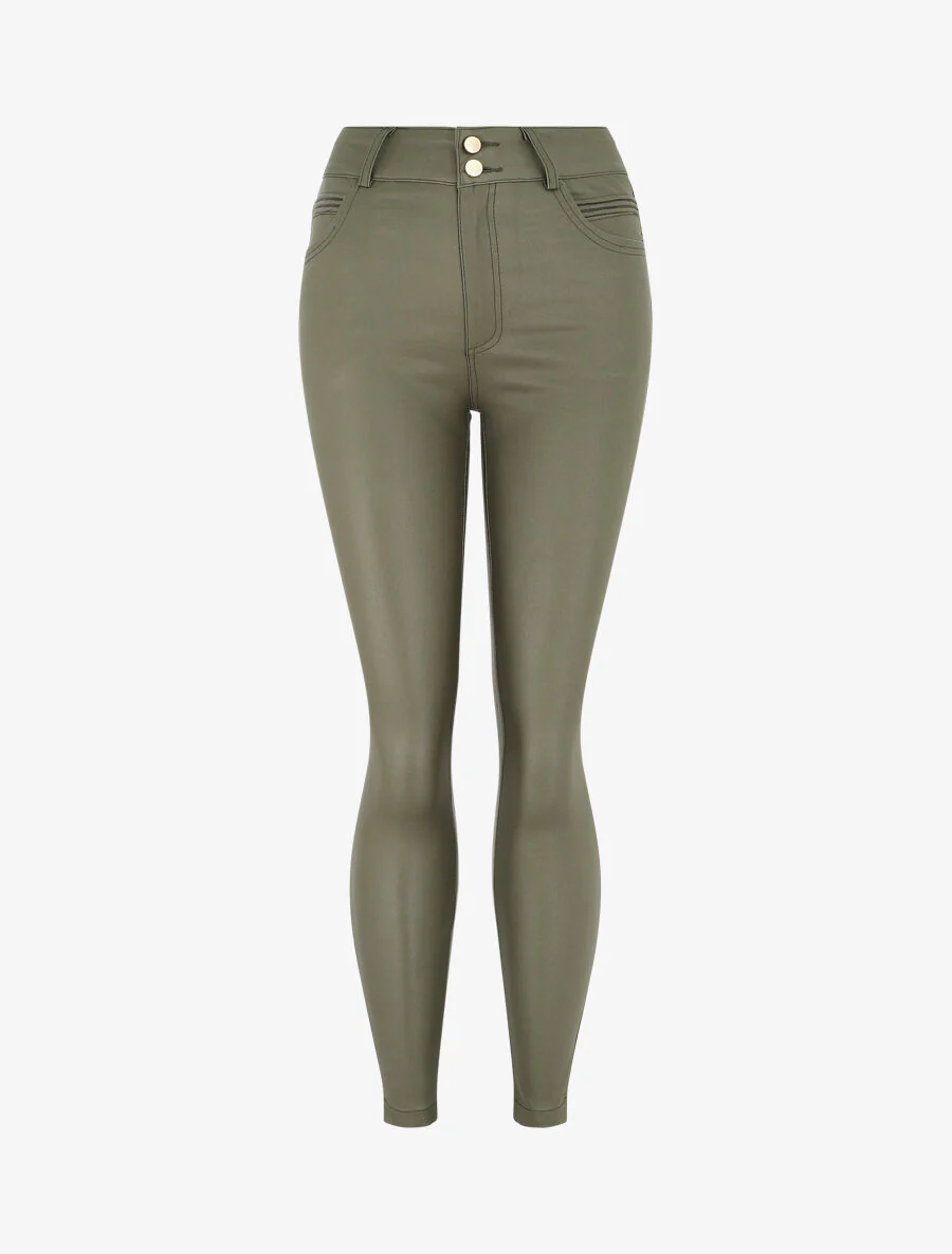 Broek met hoge taille van imitatieleer - kaki