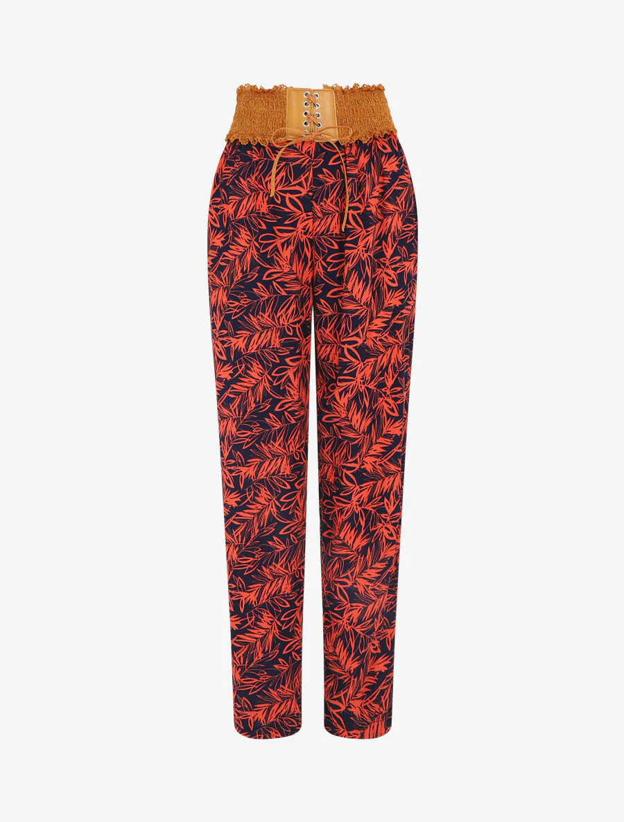 Broek met rechte pijpen en hoge taille met plantenprint - Rood