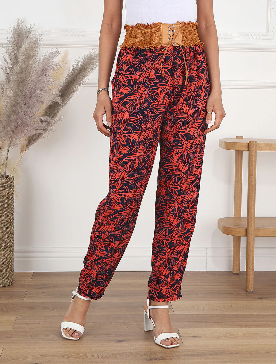 Broek met rechte pijpen en hoge taille met plantenprint - Rood - Image 4
