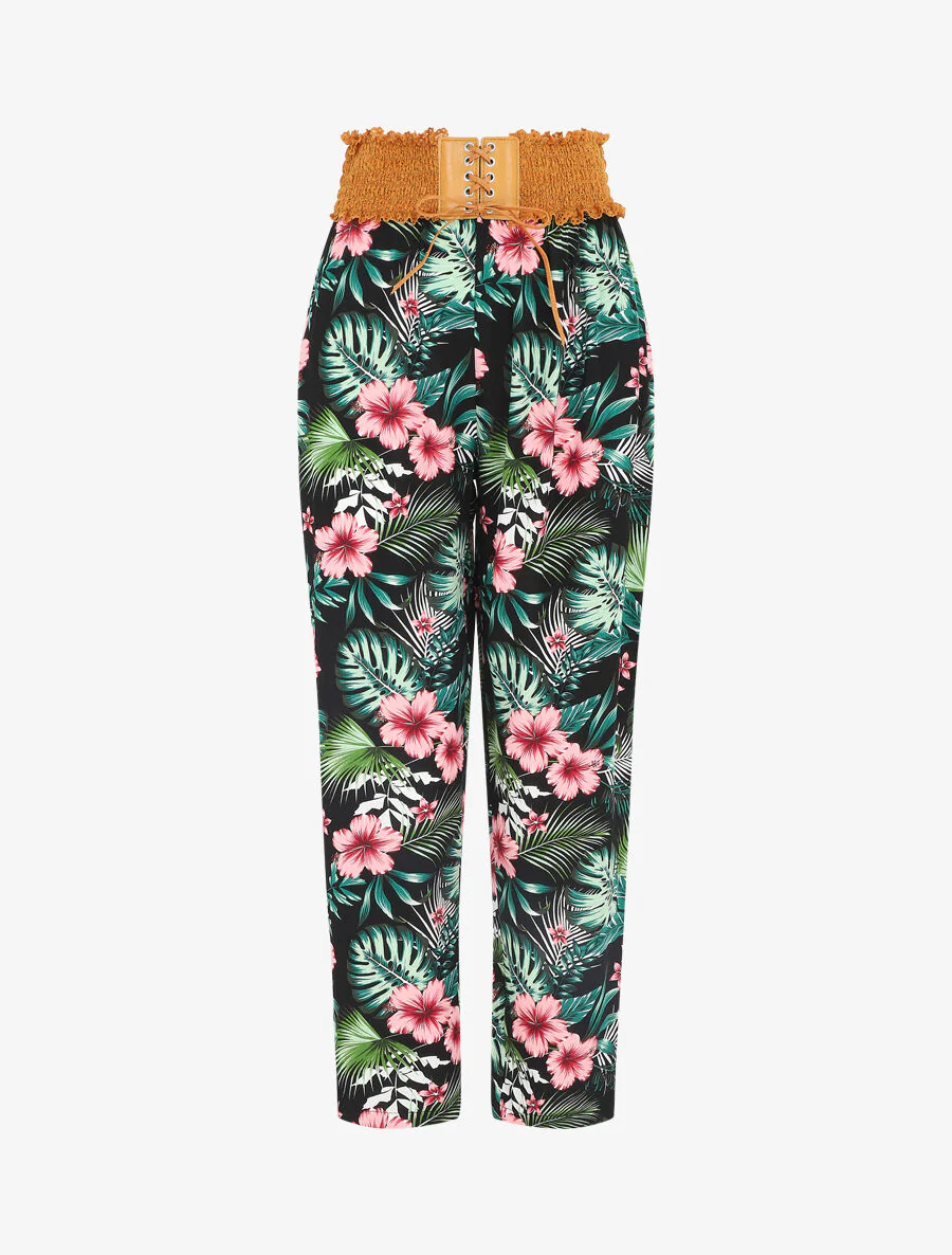 Broek met rechte pijpen en hoge taille met tropische print - zwart