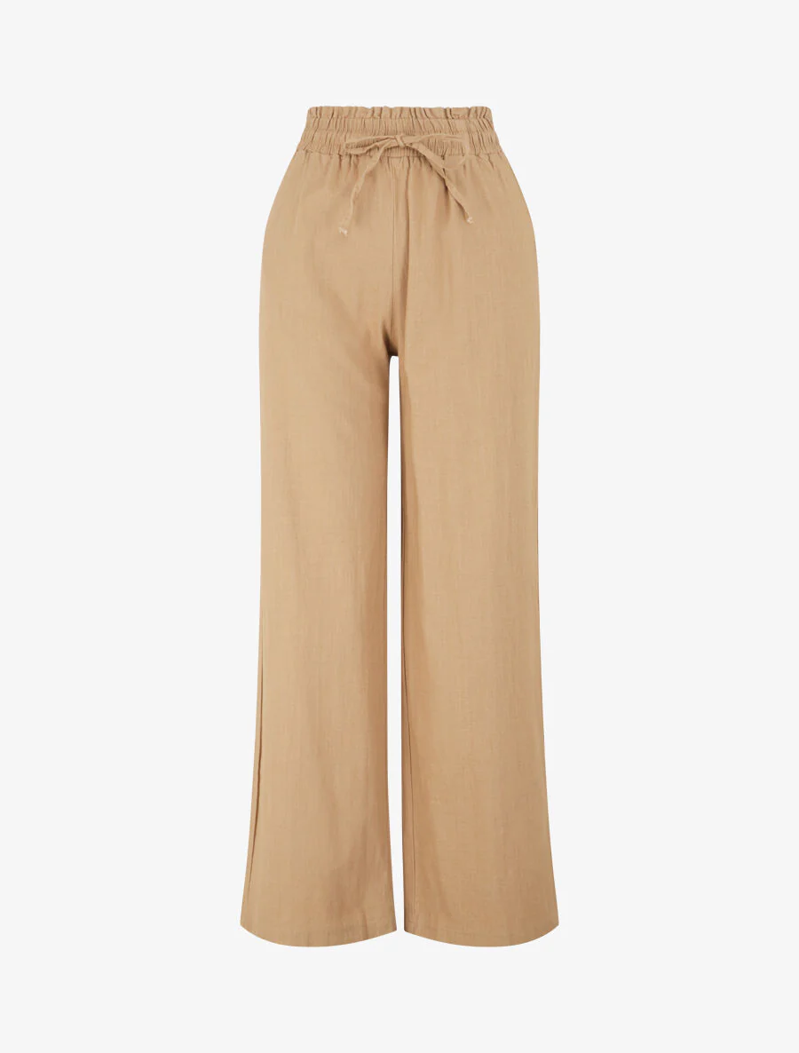 Broek met stretch in linnenlook - Kameel