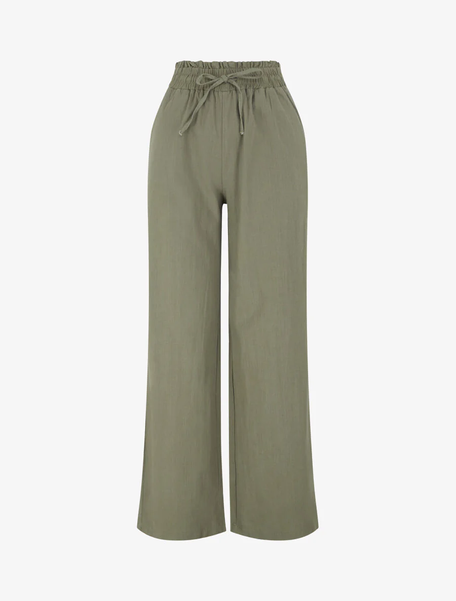 Broek met stretch in linnenlook - Kakigroen