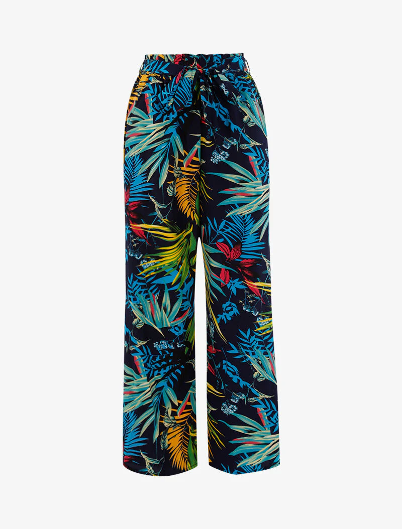 Broek met tropische print - marine/geel