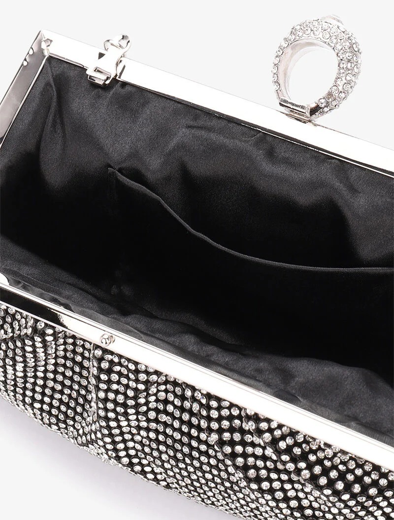 Zakachtige clutch met strass en ring sluiting - Zwart - Image 4