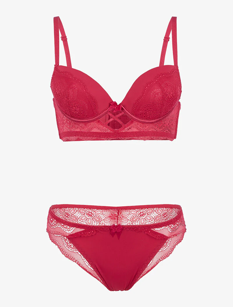 Bustier set met kanten inzetstukken - framboosrood - rood