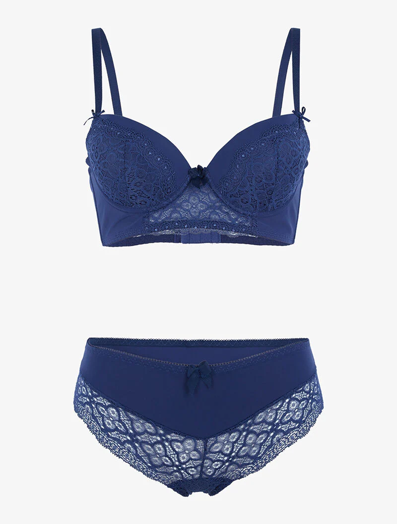 Bustier set met kleine bloemen in kant - marineblauw