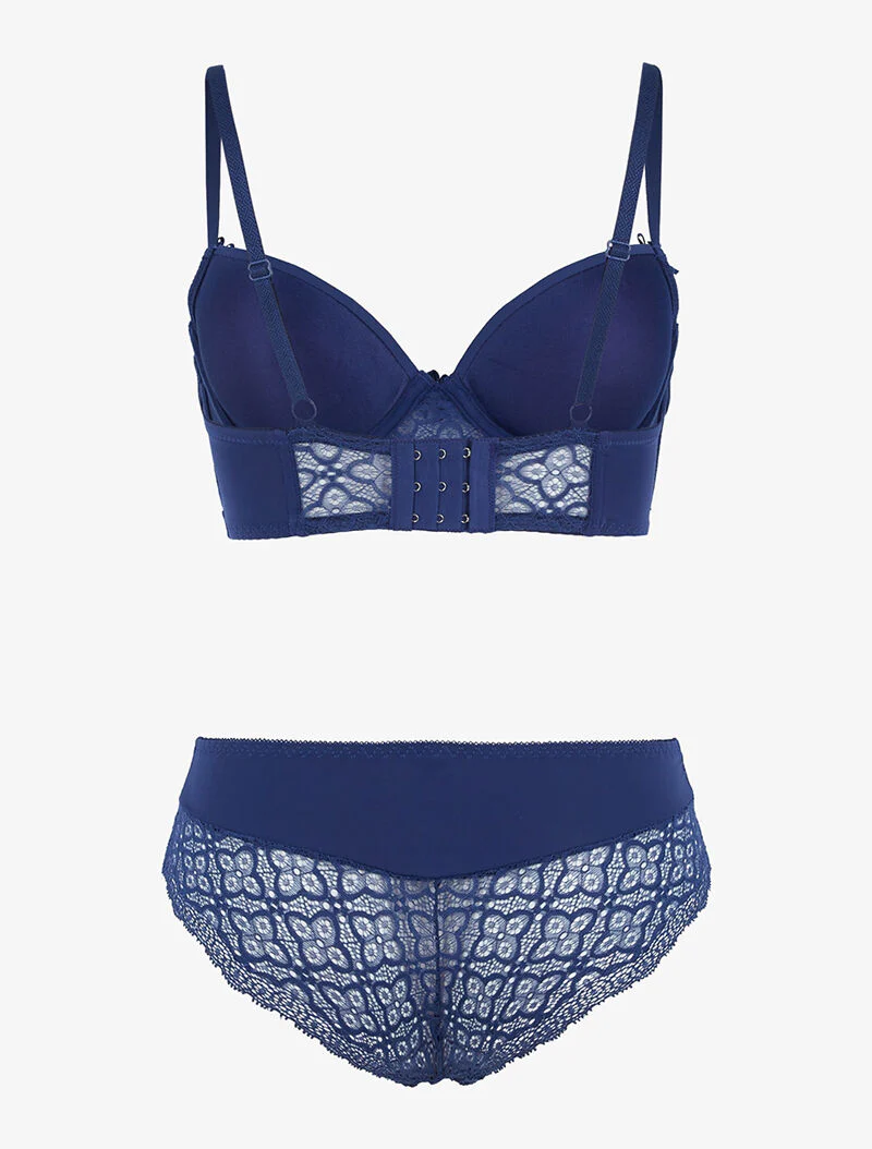 Bustier set met kleine bloemen in kant - marineblauw - Image 2