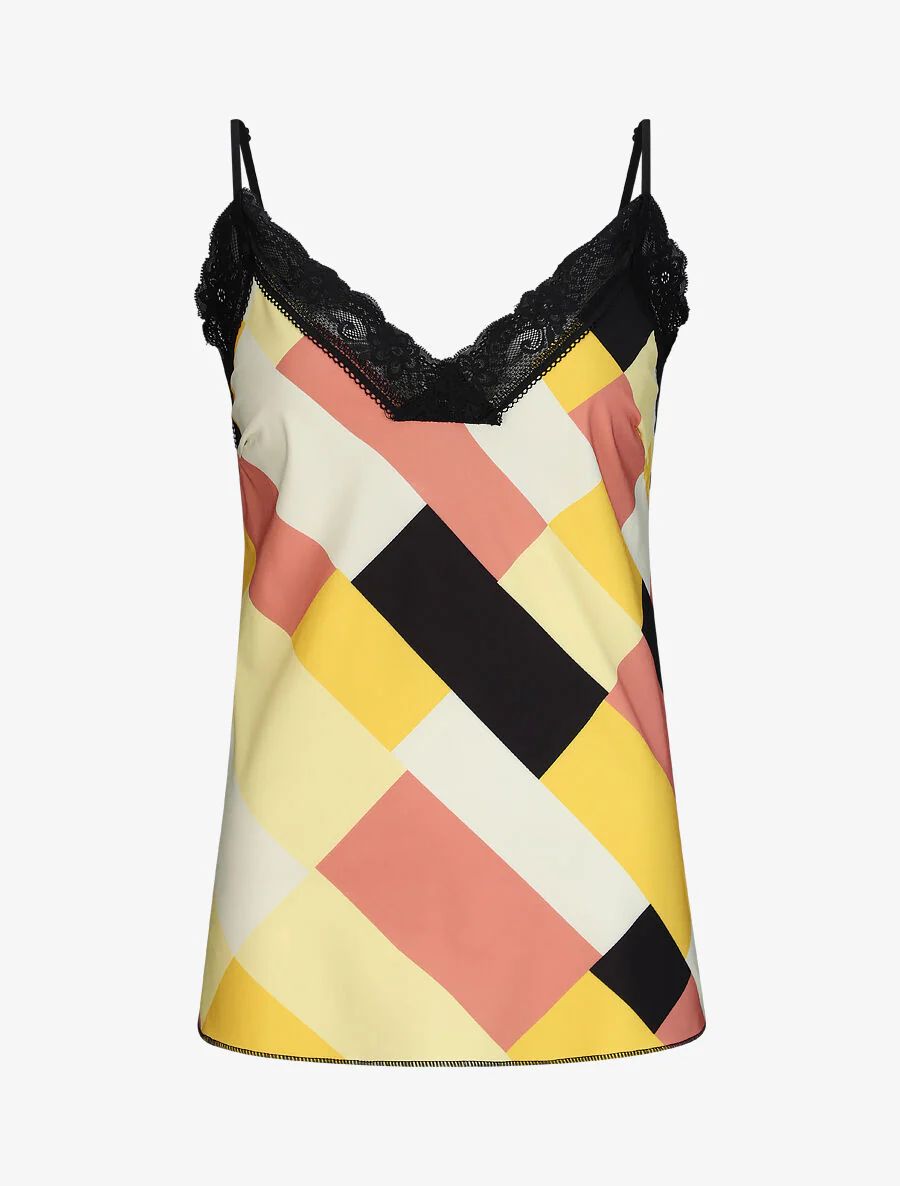 Rechte top met geometrische print en kanten kraag - Geel