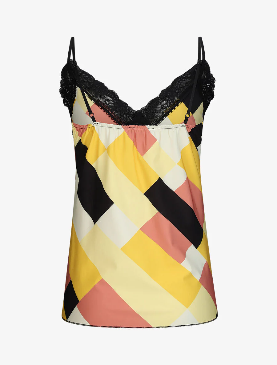 Rechte top met geometrische print en kanten kraag - Geel - Image 2