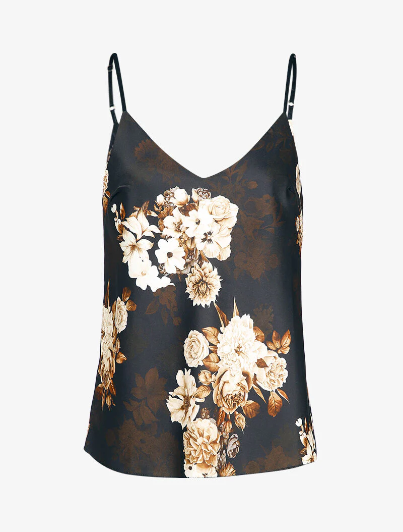 Satijnen bloemenprint caraco - Zwart