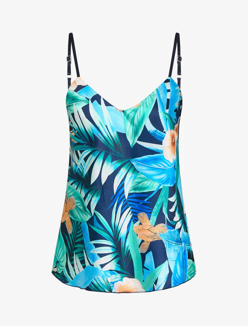 Satijnen tropische print caraco - marineblauw