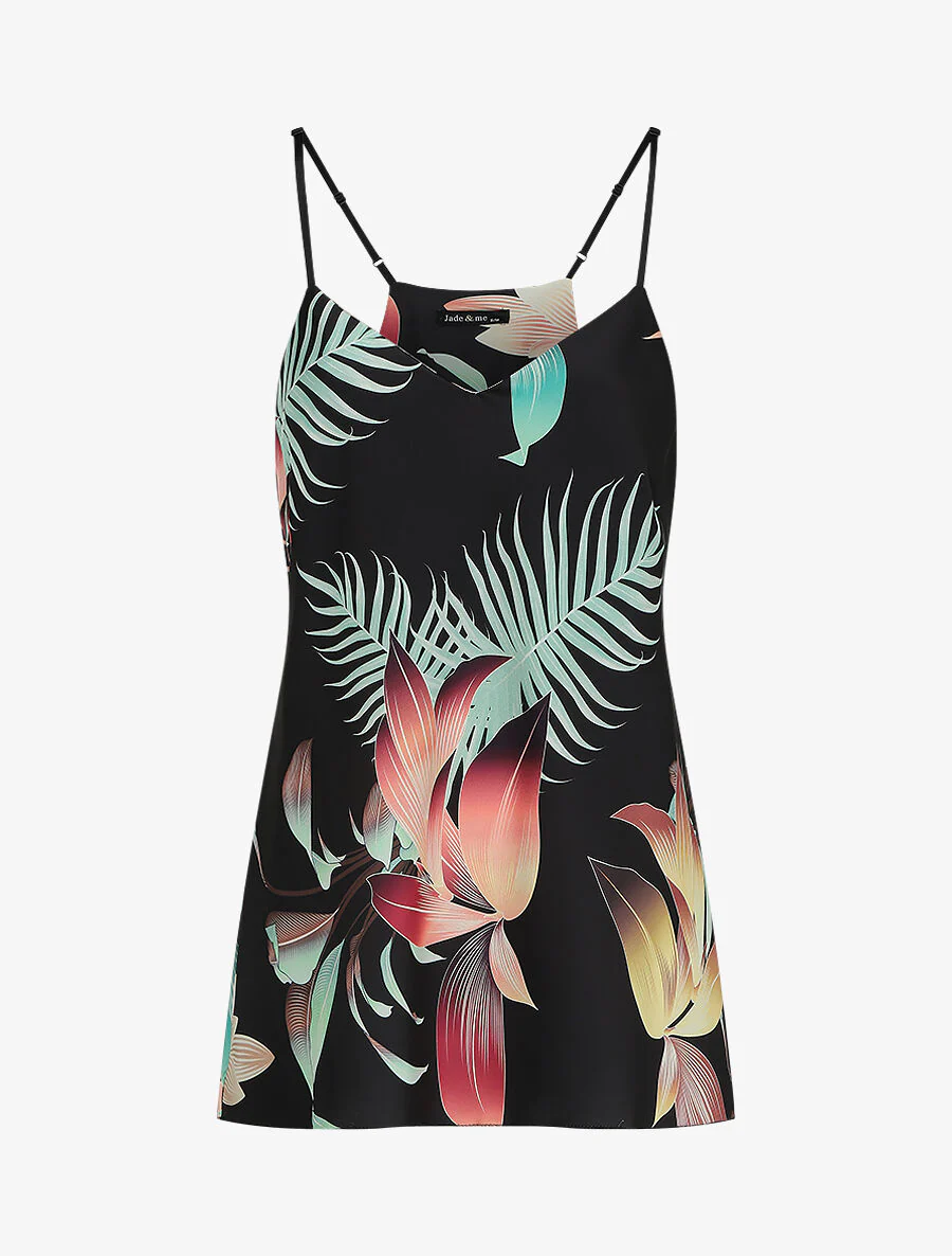 Satijnen caraco met tropische print - Zwart