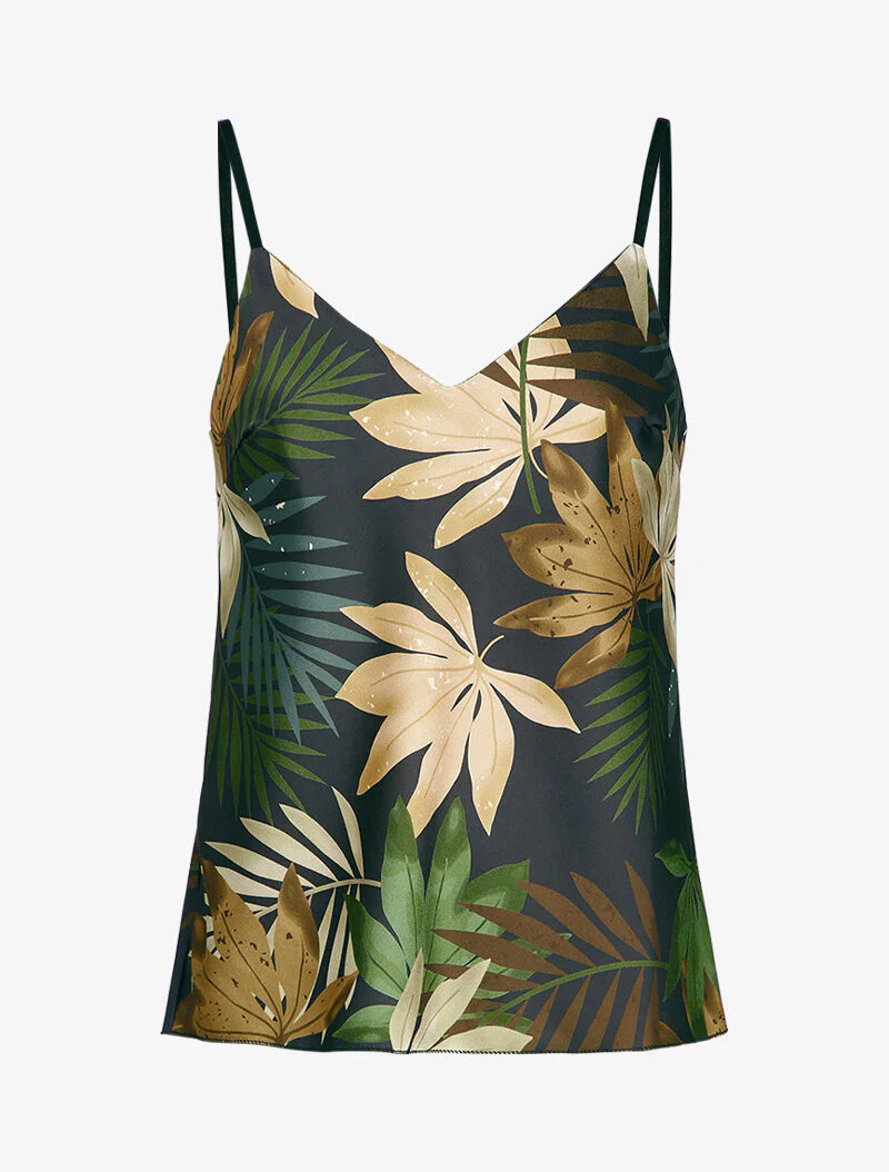 Satijnen caraco met tropische print - Zwart