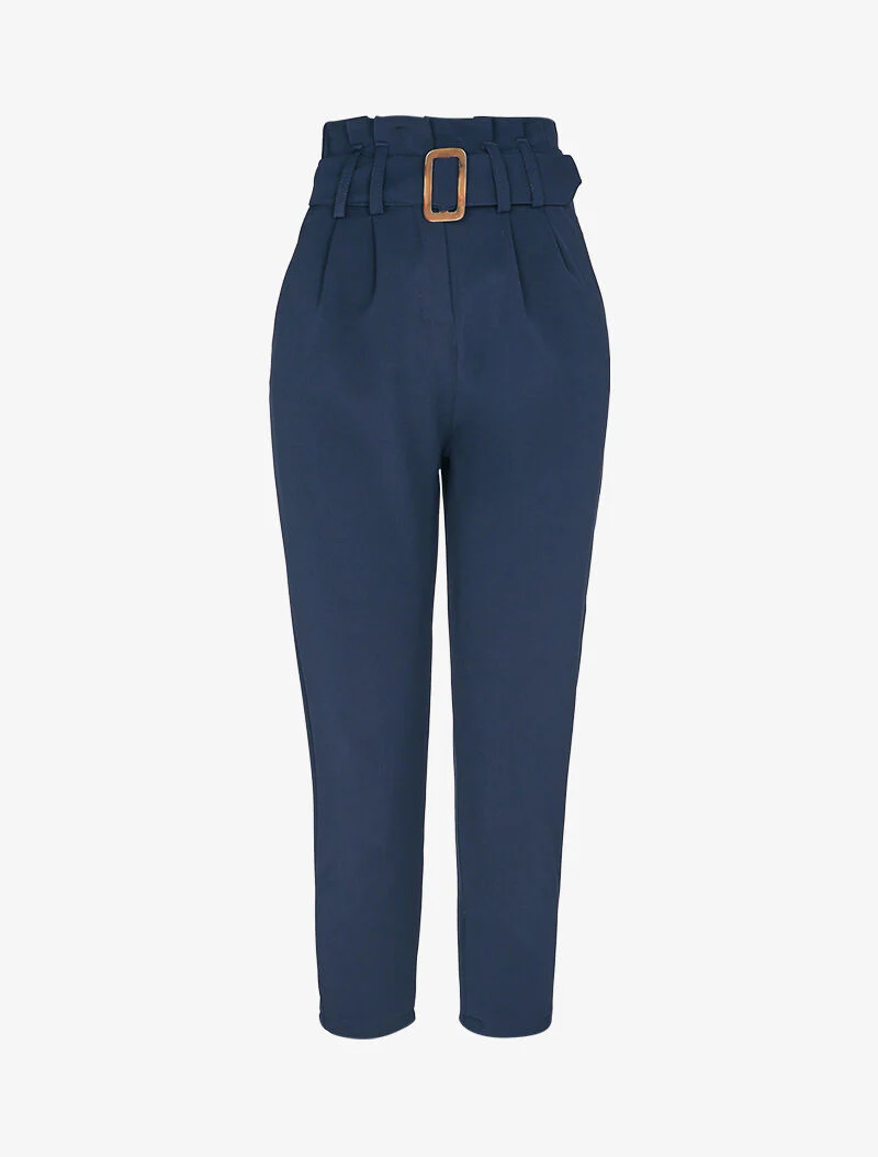 Carrotbroek 7/8 met geplooide empire taille - Marineblauw