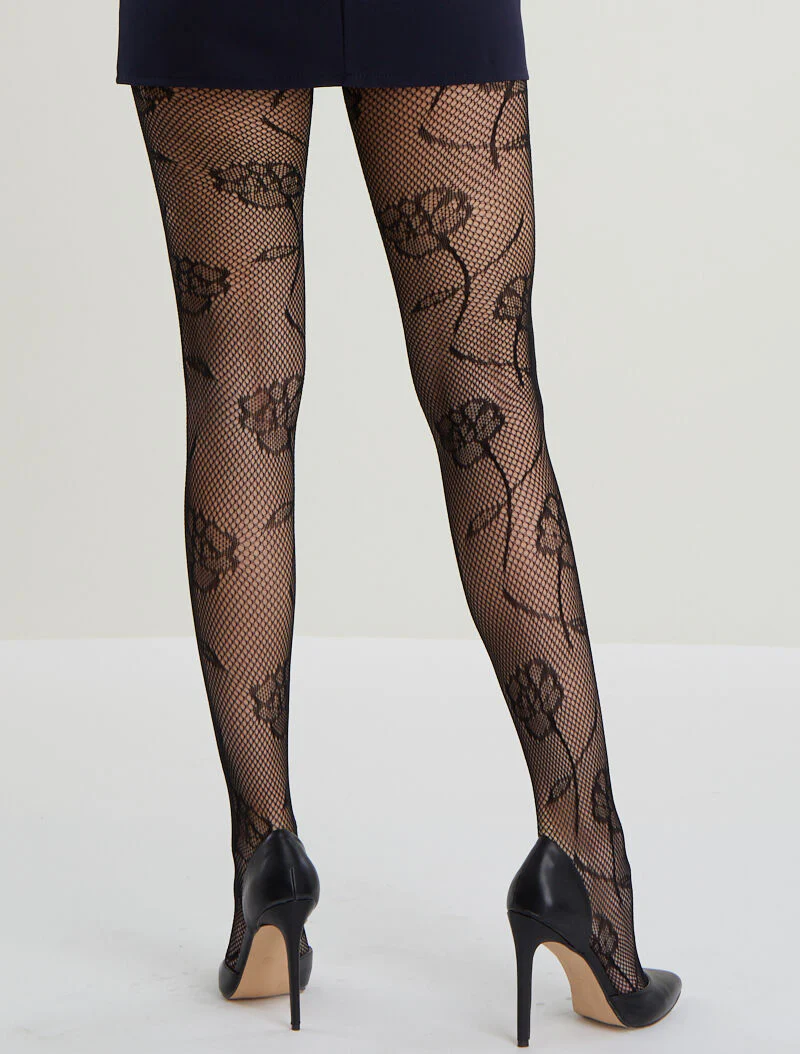 Roze motief netpanty - zwart - Image 2