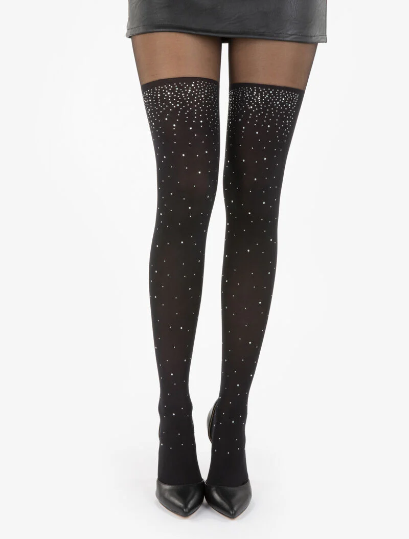 Panty's met print in kousenstijl met strass - zwart