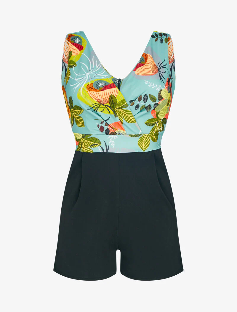 Combi-jumpsuit met bloemenprint op het bovenstuk - turkoois