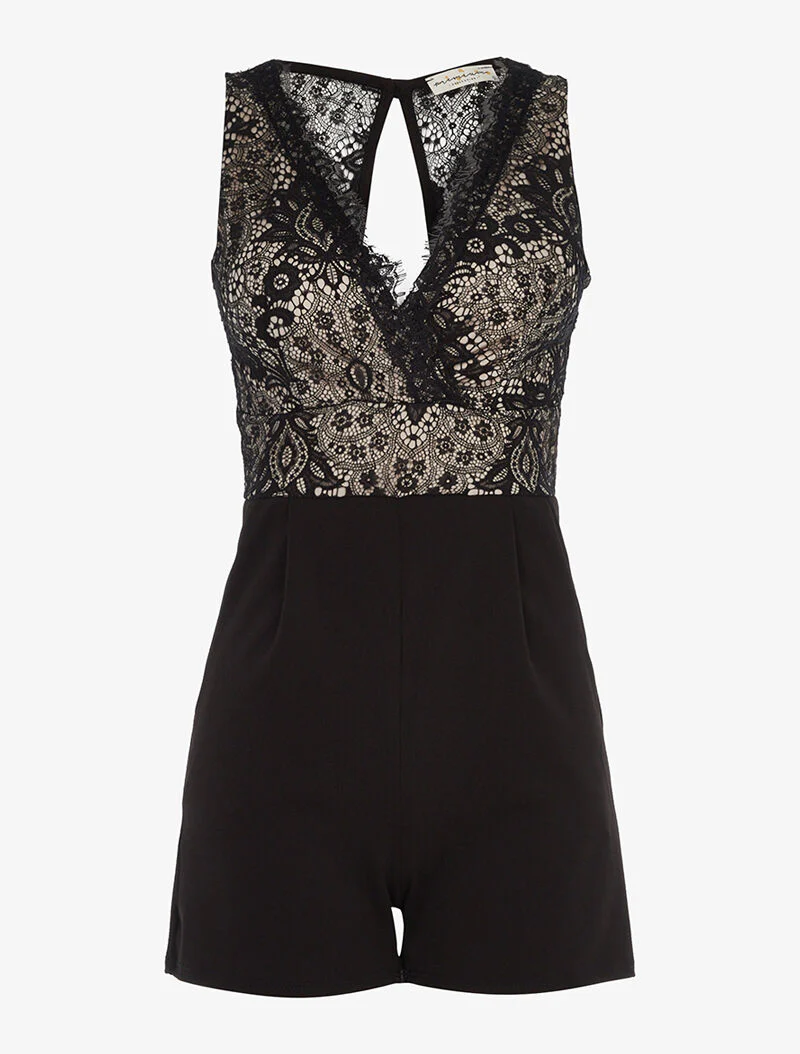 Jumpsuit met opengewerkte kanten top - beige/zwart