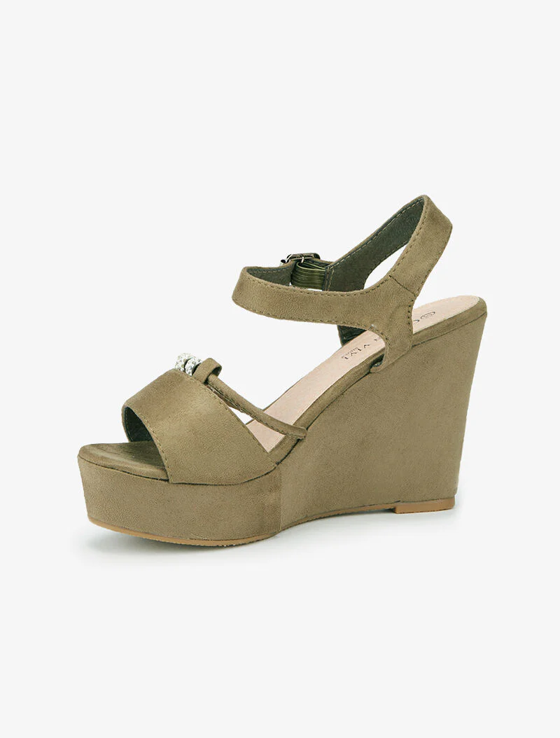 Verhoogde sandalen met parelband - kaki - Image 3