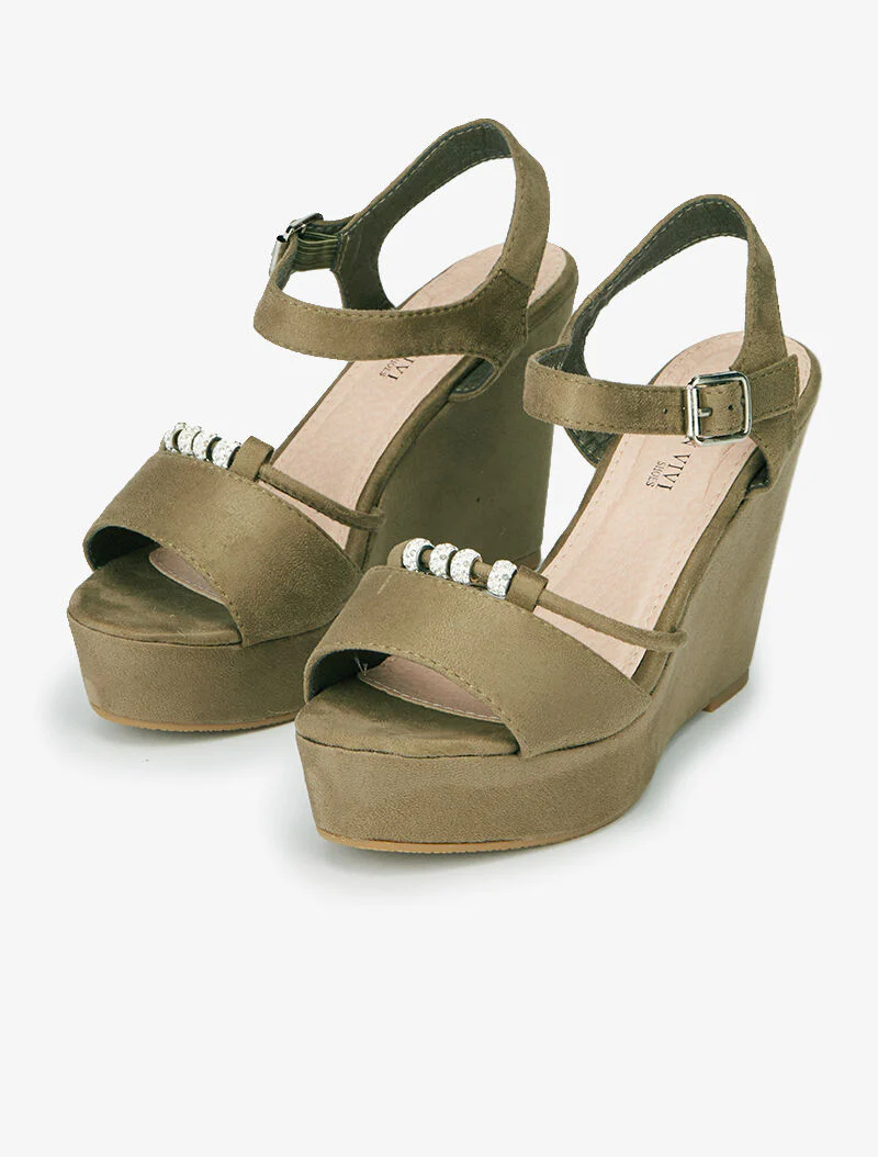 Verhoogde sandalen met parelband - kaki - Image 4