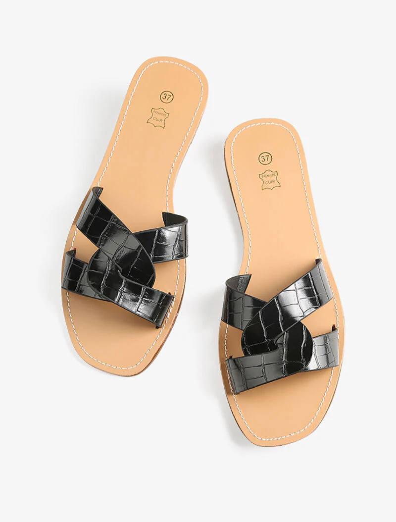 Krokodillenleren sandalen met gevlochten bandjes - zwart